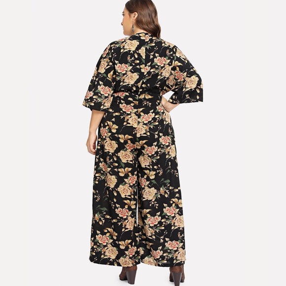 Plus Surplice Neck Wide Leg Botanical Overall - Picture 4 of 7